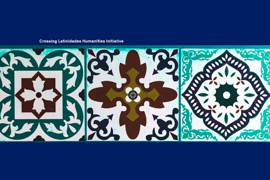 Logo of the Crossing Latinidades Humanities Initiative featuring graphics of 3 illustrated tiles