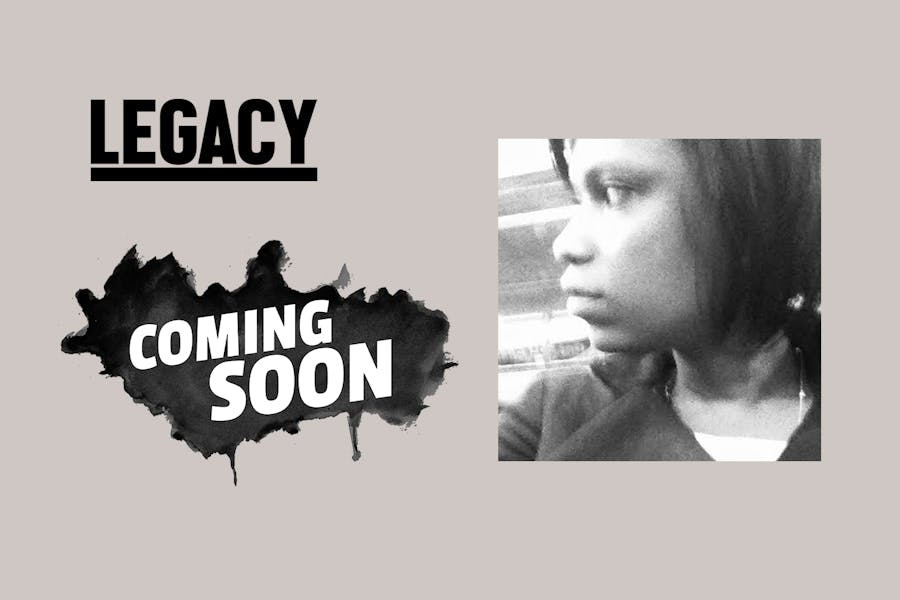 Profile of Kia Gregory alongside Legacy masthead, comprised of black block text, and a graphic with the words "Coming Soon" over a wash of black ink.