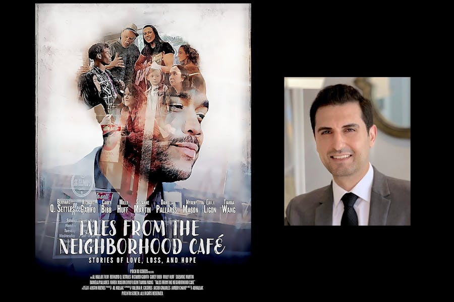 Headshot of Al Hallak next to movie poster with image of man with cast of characters populating his head 