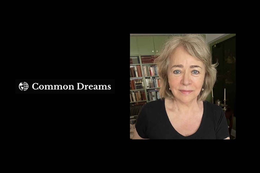 The masthead of Common Dreams next to a photo of Elzbieta Matynia in her office