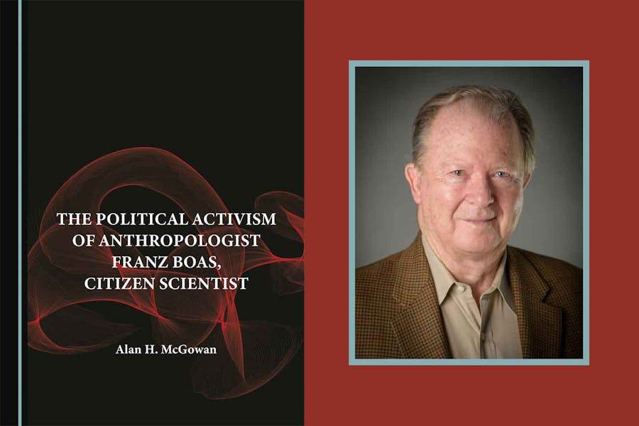 Headshot of Alan McGowan next to his book cover: text over an abstract graphic
