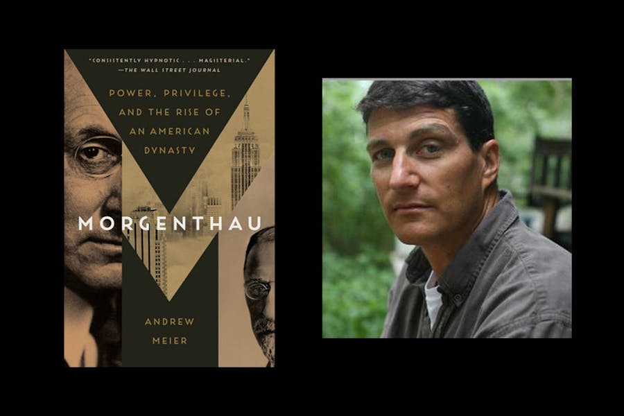 Headshot of Andrew Meier next to book cover of Morgenthau: An outline of the letter M in which there are photos of Morgenthau as a young man and an old one. 