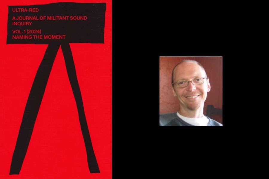 Headshot of Robert Sember next to cover of Ultra-red journal featuring graphic of a rectangular shape, sitting lengthwise at the top of an inverted V.