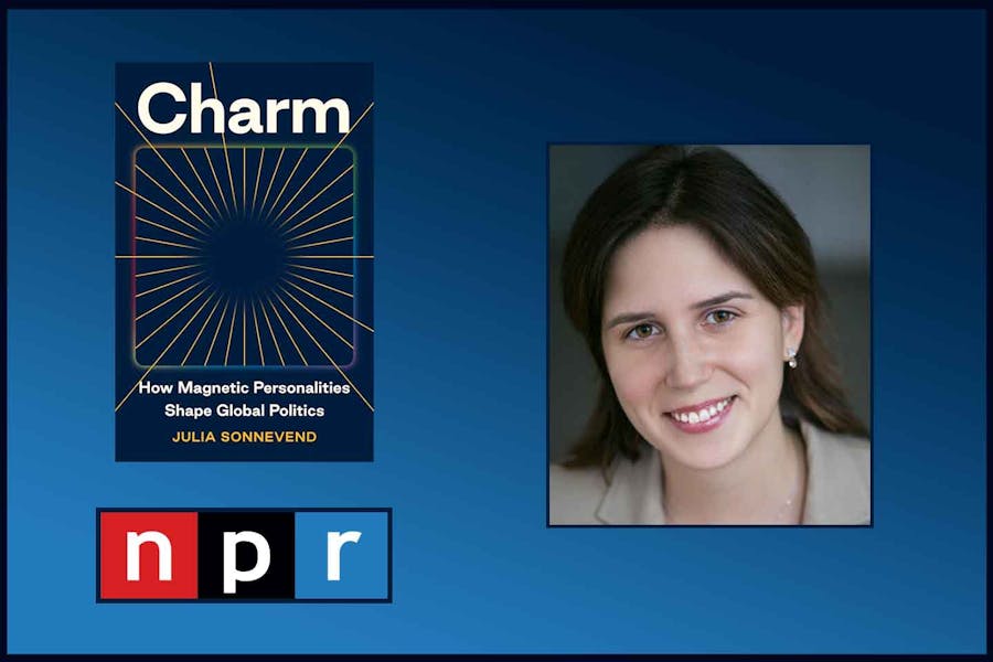 Headshot of Julia Sonnevend next to monogram masthead of NPR and cover of her book, CHARM, which has a graphic burst of lines extending beyond a square frame.