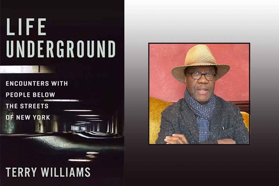 Headshot of Terry Williams next to cover of Life Underground which has image of receding tunnel with narrow slivers of light shining through incremental slats.