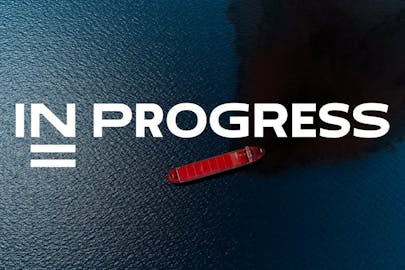 Poster In Progress with red ship leaking oil in sea