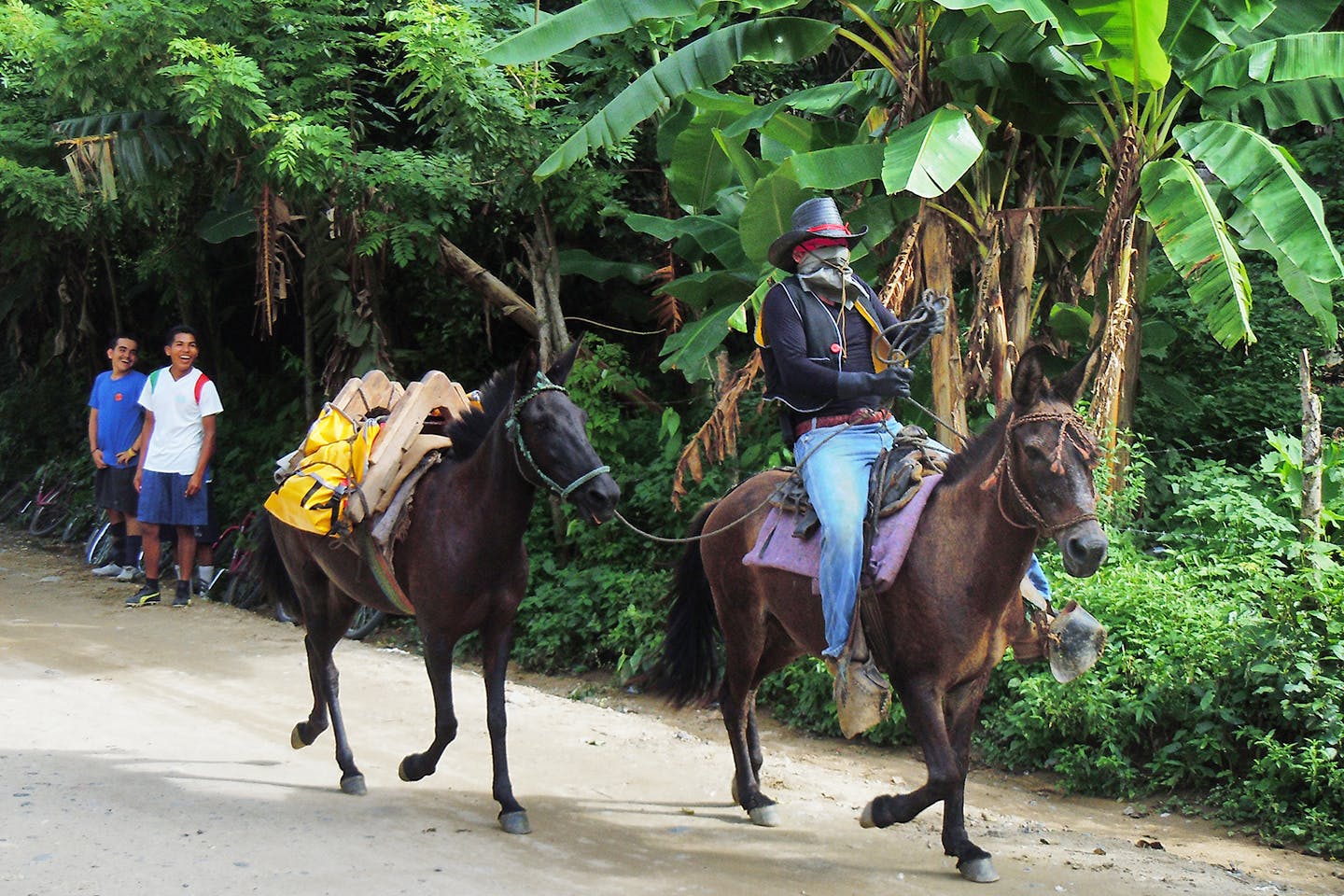 Man on horse in street with kids laughing