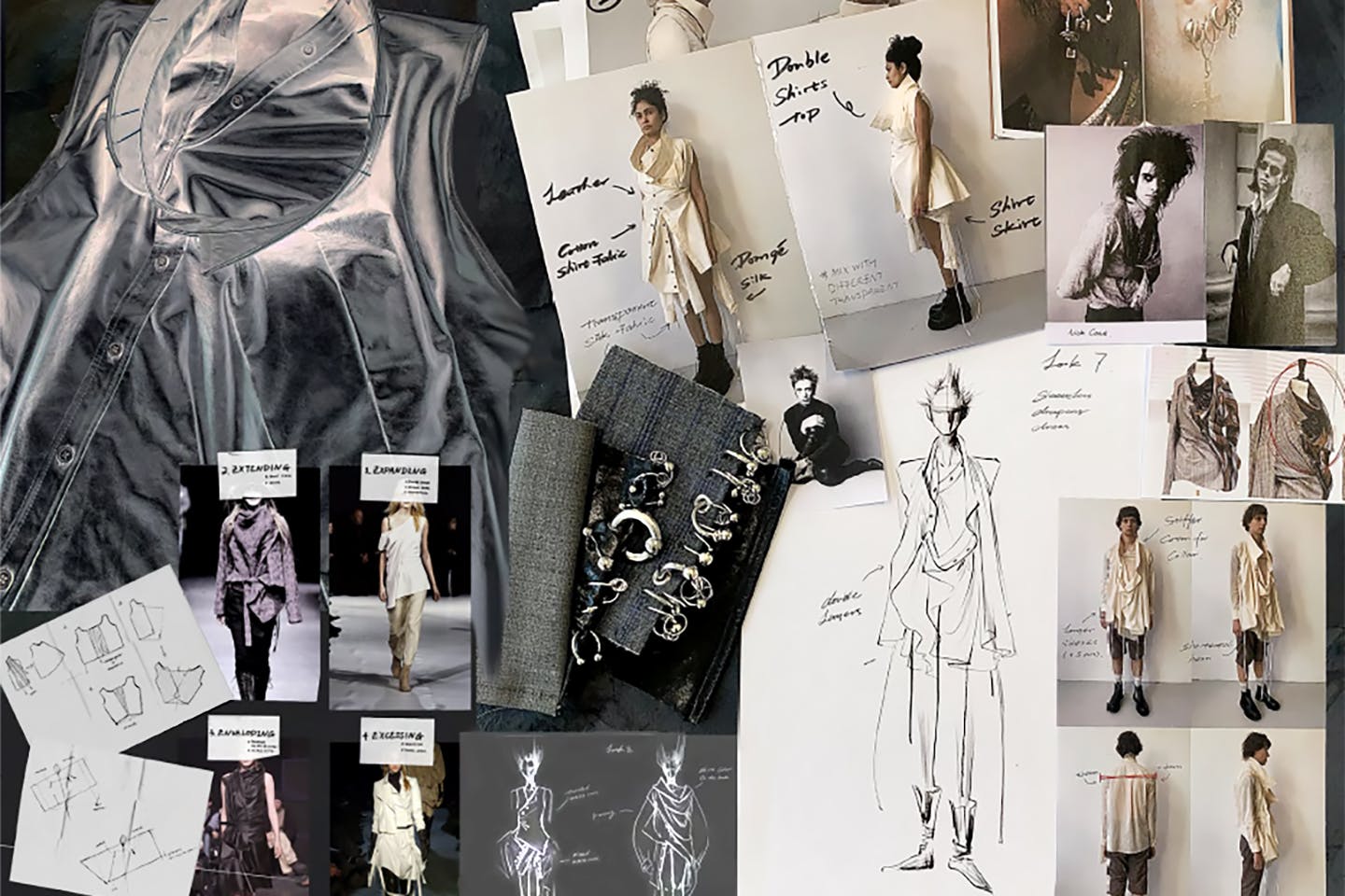 A moodboard by MFA Student Yumu Li to document, in sketches, vintage photos, and materials, her work for the Ann Demeulemeester collaboration.