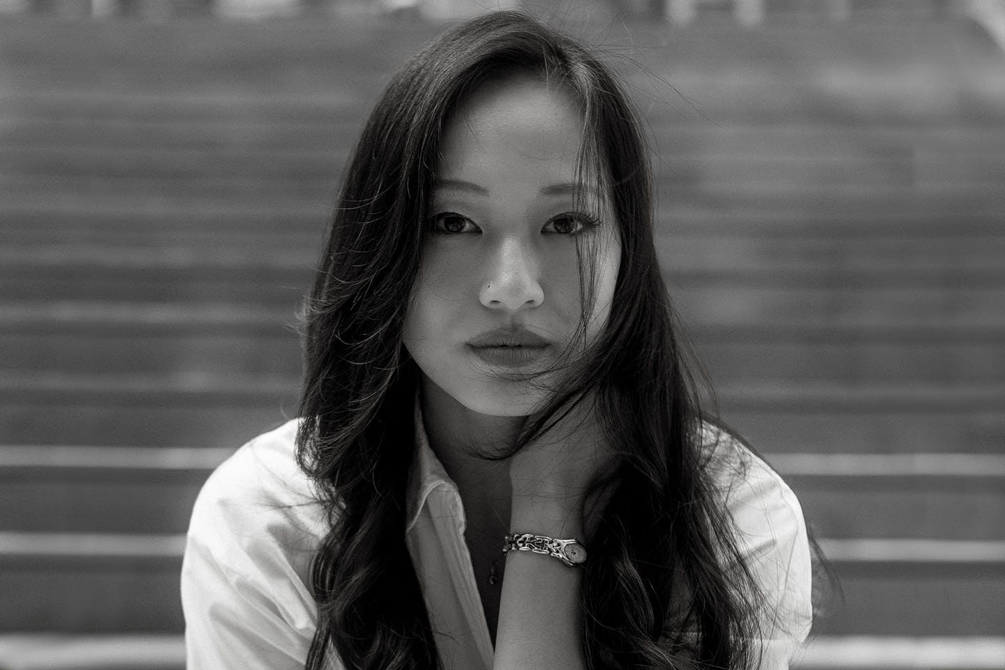 Black and white portrait of Angelene Wong