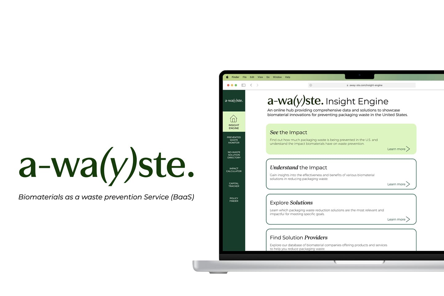 A presentation deck slide of the Awayste interface, described as a biomaterials as waste prevention service, shown on a laptop.