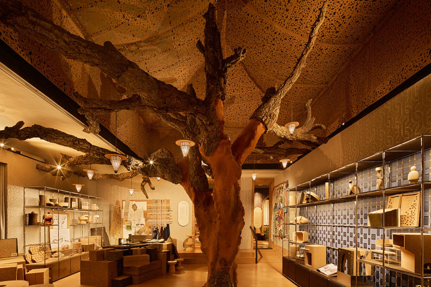 A six-foot-tall, 3D-printed replica of a cork tree was on display at Milan Design Week, surrounded by cork furnishings and design objects.