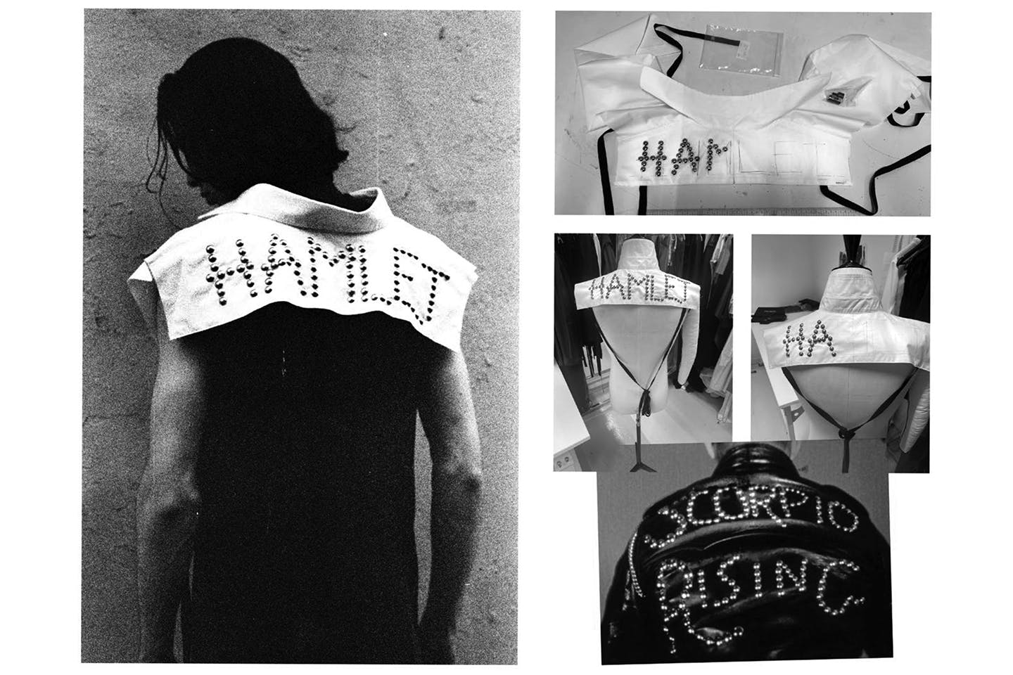 Series of images documenting Logan Monroe Goff’s design process for the studded "HAMLET" collar alongside the final black-and-white look and an earlier leather piece marked "SCORPIO RISING."” title=