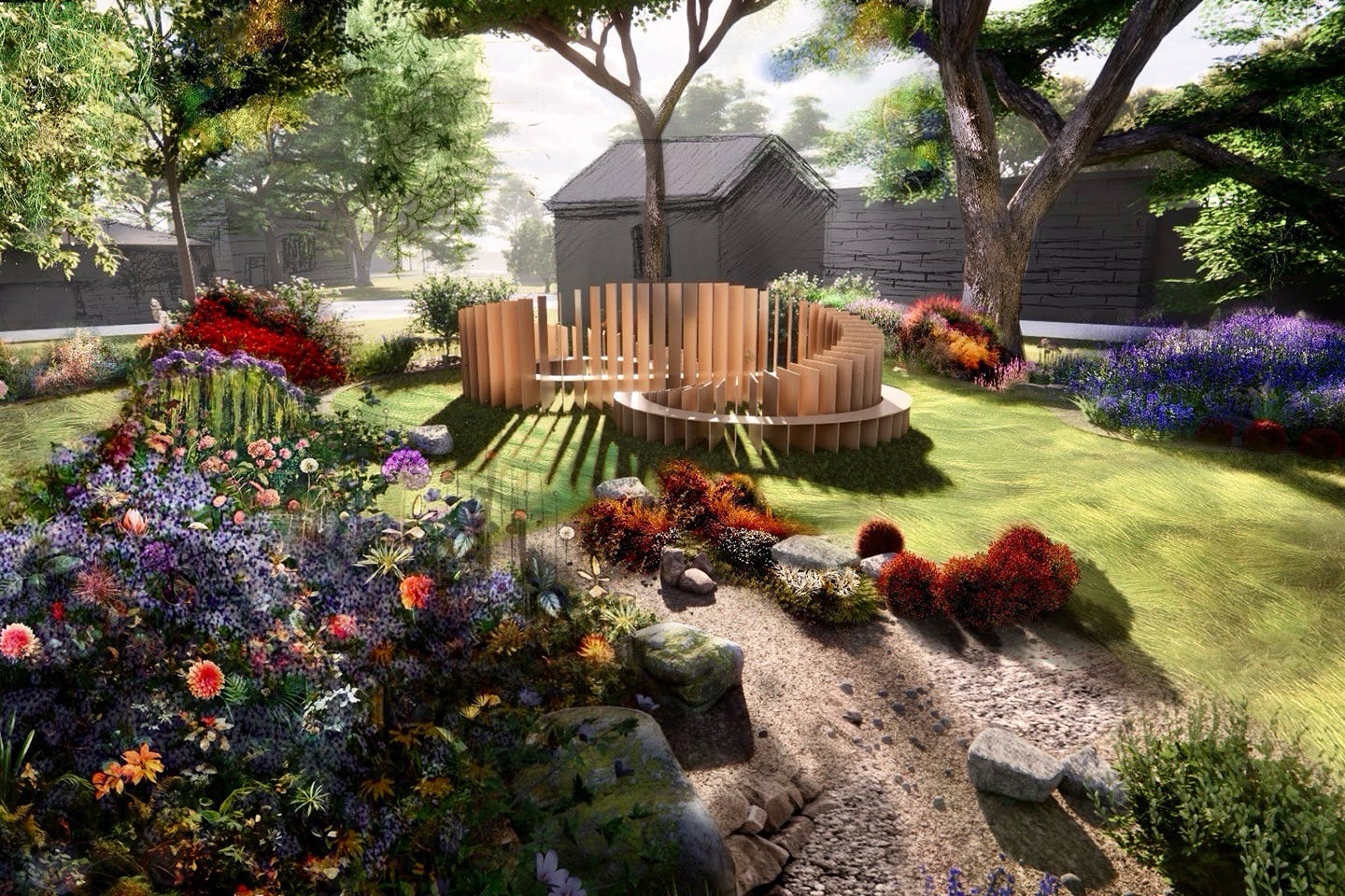 A sculptural pavilion designed by Cummings for a vacant lot.