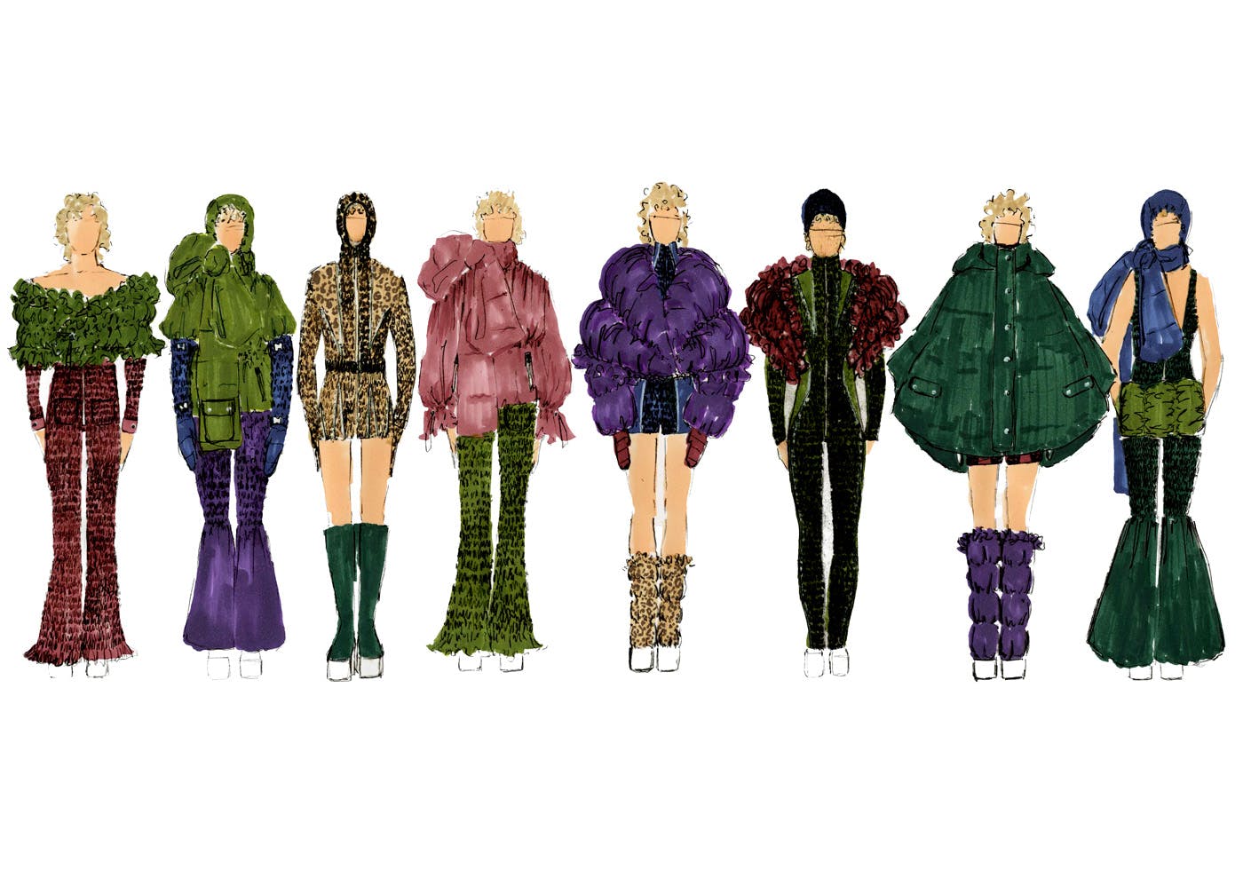 Drawing of seven people wearing different outfits.
