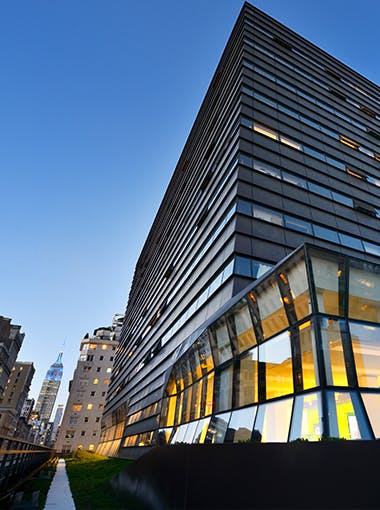 The University Center at dusk. On 5th Ave and 14th Street, it opened in 2014
