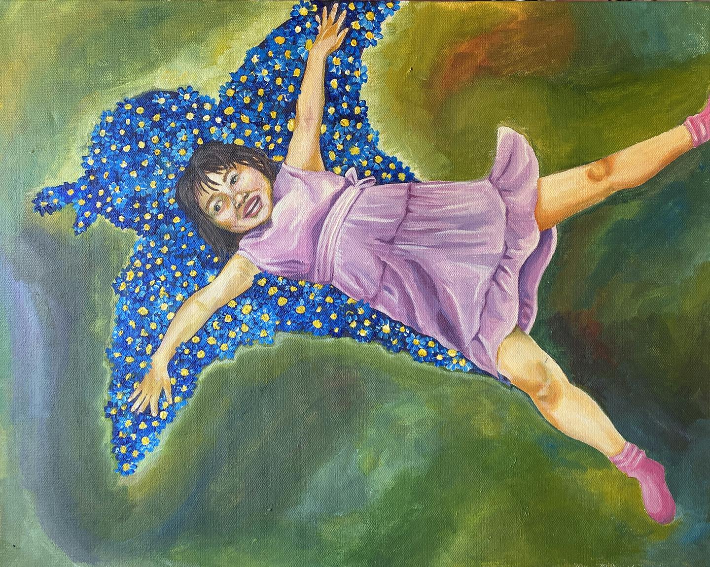 Painting of a smiling child lying on a bed of stars