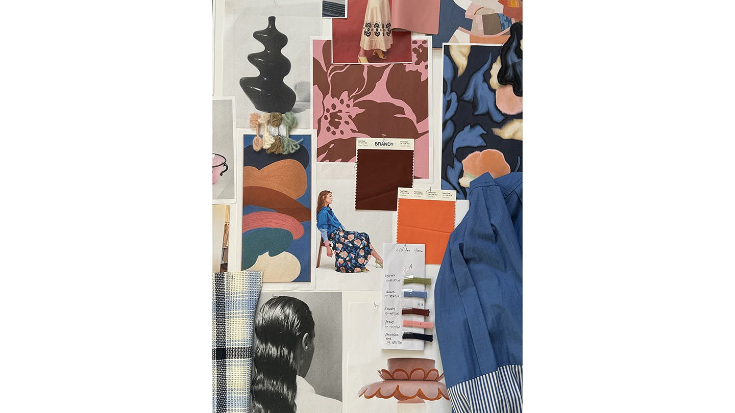 A mood board showing images of differently colored flowered patterns, a shapely green sculpture, a painting with shapes, and people with long hair, featuring oranges, blues, burgundies, and greens.