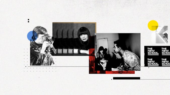 Still for Centennial Video includes photos of photographer, Anna Sui, and student in glasses during a class