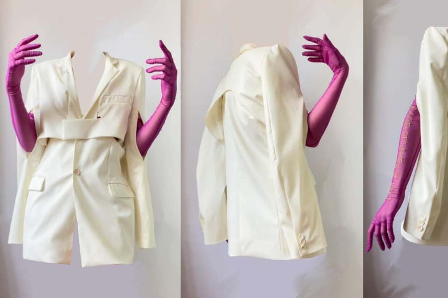 A mannequin wears jacket designed by a student.
