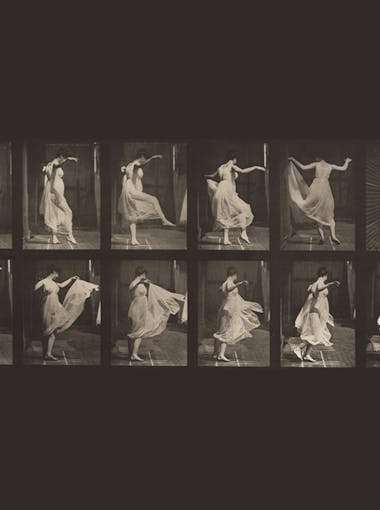 Multiple photos of a person in a white dress dancing from the 1920s