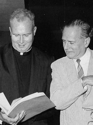 John Culkin and a priest in the 1970s, when Culkin launched America's first master's program in media studies at The New School